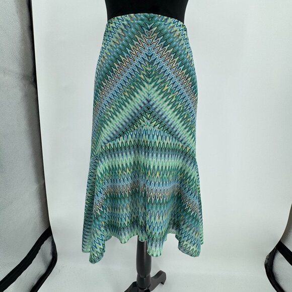 New York Co Y2K Slip Skirt Womens L Green Chevron Knit Flare Hem Pull On Vintage - Picture 5 of 6